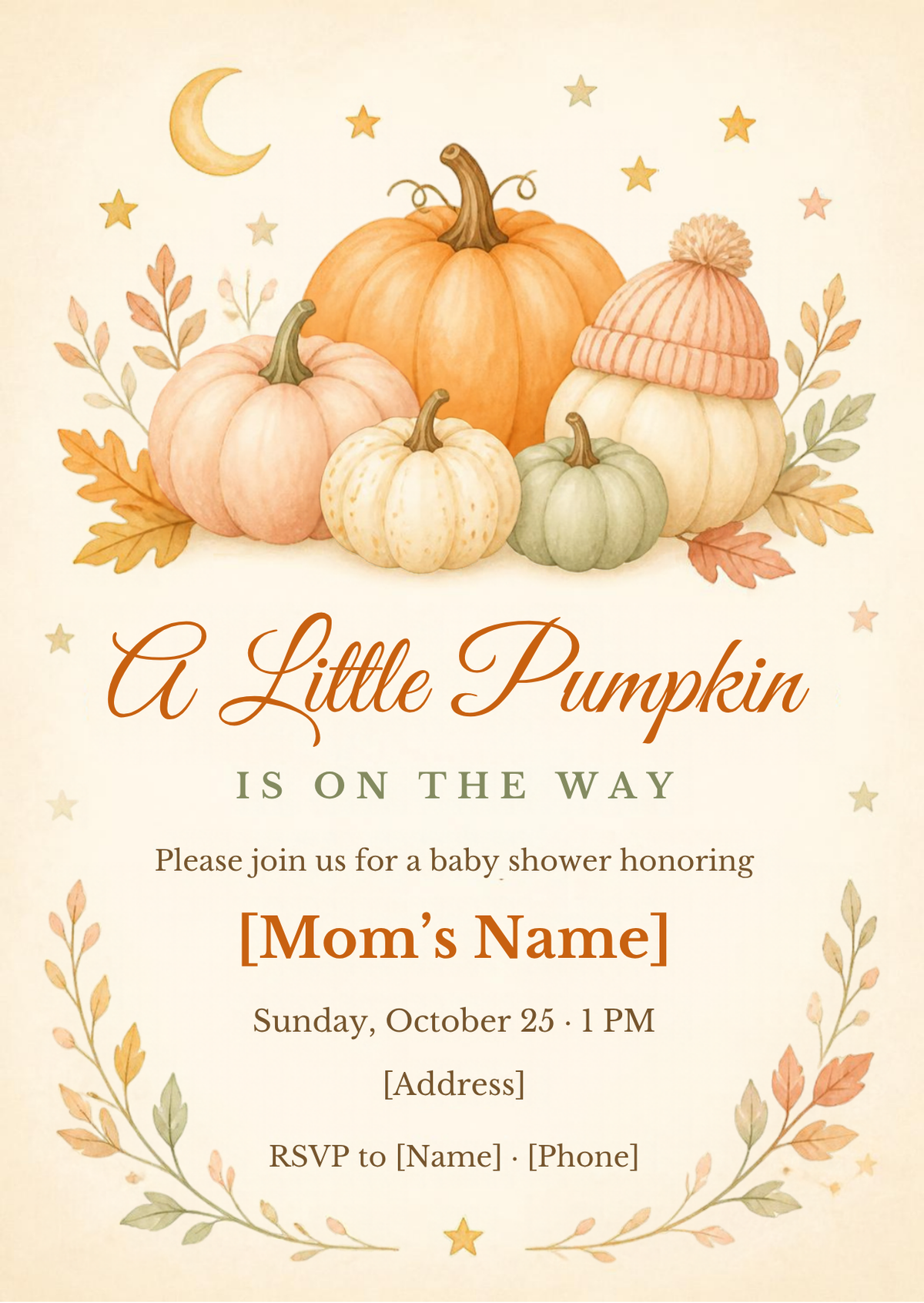 Little Pumpkin fall baby shower invitation – editable Canva template, watercolor pumpkins – preview 2