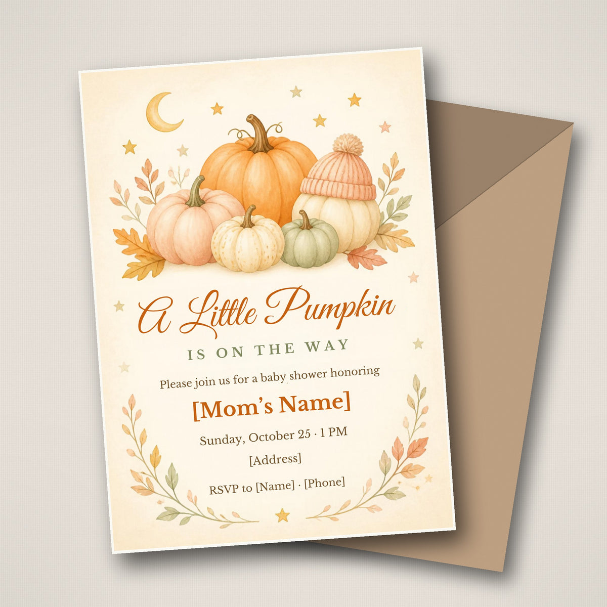 Little Pumpkin fall baby shower invitation – editable Canva template, watercolor pumpkins