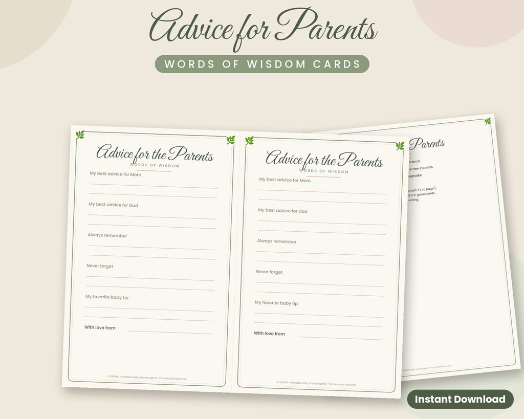 Advice for the Parents Cards – Printable Baby Shower Activity (Sage Green)