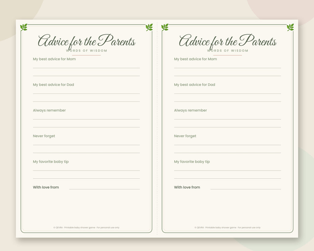 Advice for the Parents Cards – Printable Baby Shower Activity (Sage Green)