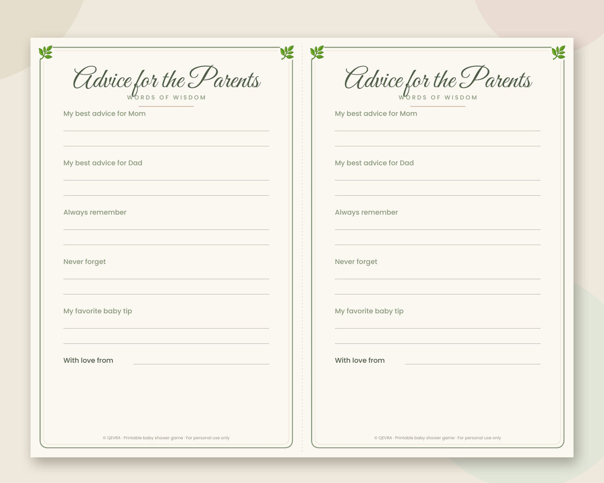 Advice for the Parents Cards – Printable Baby Shower Activity (Sage Green)