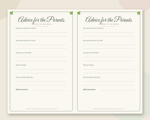 Advice for the Parents Cards – Printable Baby Shower Activity (Sage Green)