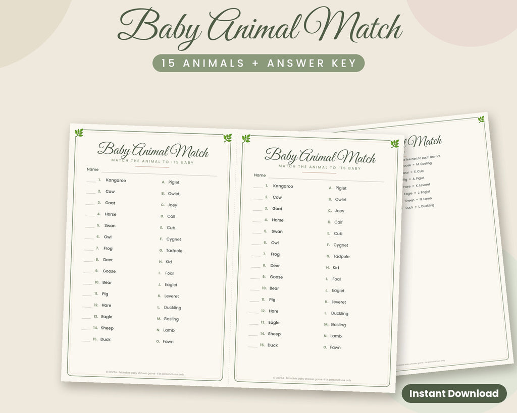 Baby Animal Match Game with Answer Key – Printable Baby Shower Game (Sage Green)