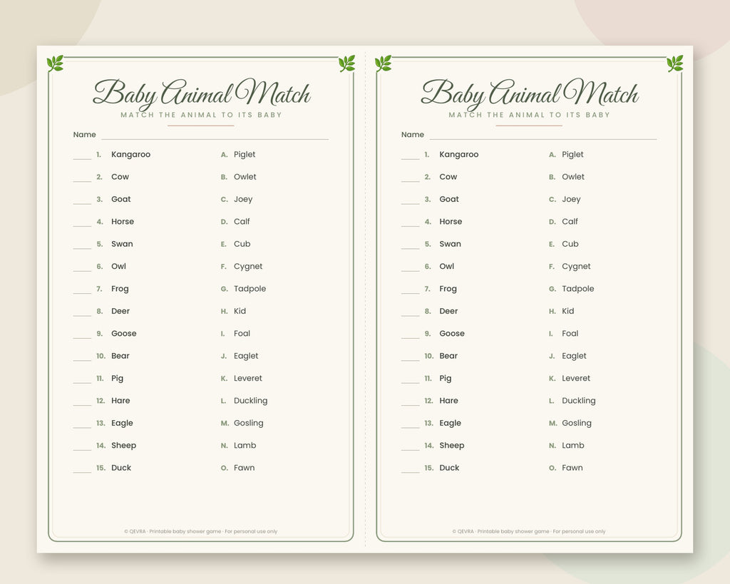 Baby Animal Match Game with Answer Key – Printable Baby Shower Game (Sage Green)