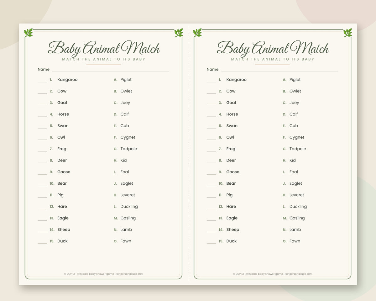 Baby Animal Match Game with Answer Key – Printable Baby Shower Game (Sage Green)