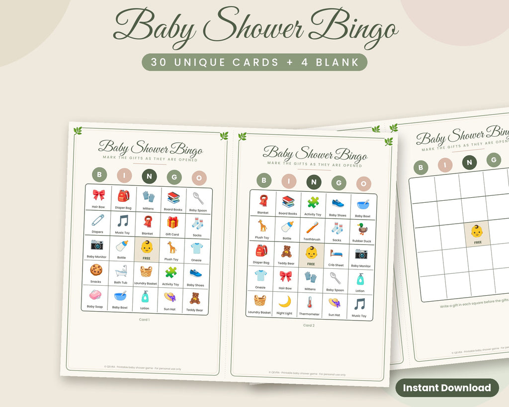 Baby Shower Bingo – 30 Printable Picture Cards (Sage Green)