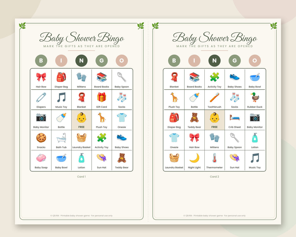 Baby Shower Bingo – 30 Printable Picture Cards (Sage Green)