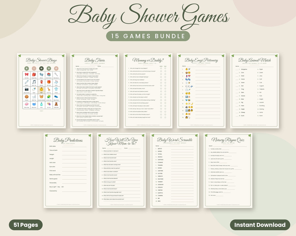 Baby Shower Game Bundle – 15 Printable Games & Activities (Sage Green)