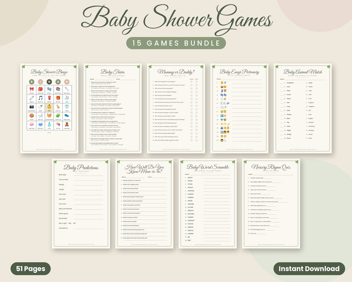 Baby Shower Game Bundle – 15 Printable Games & Activities (Sage Green)