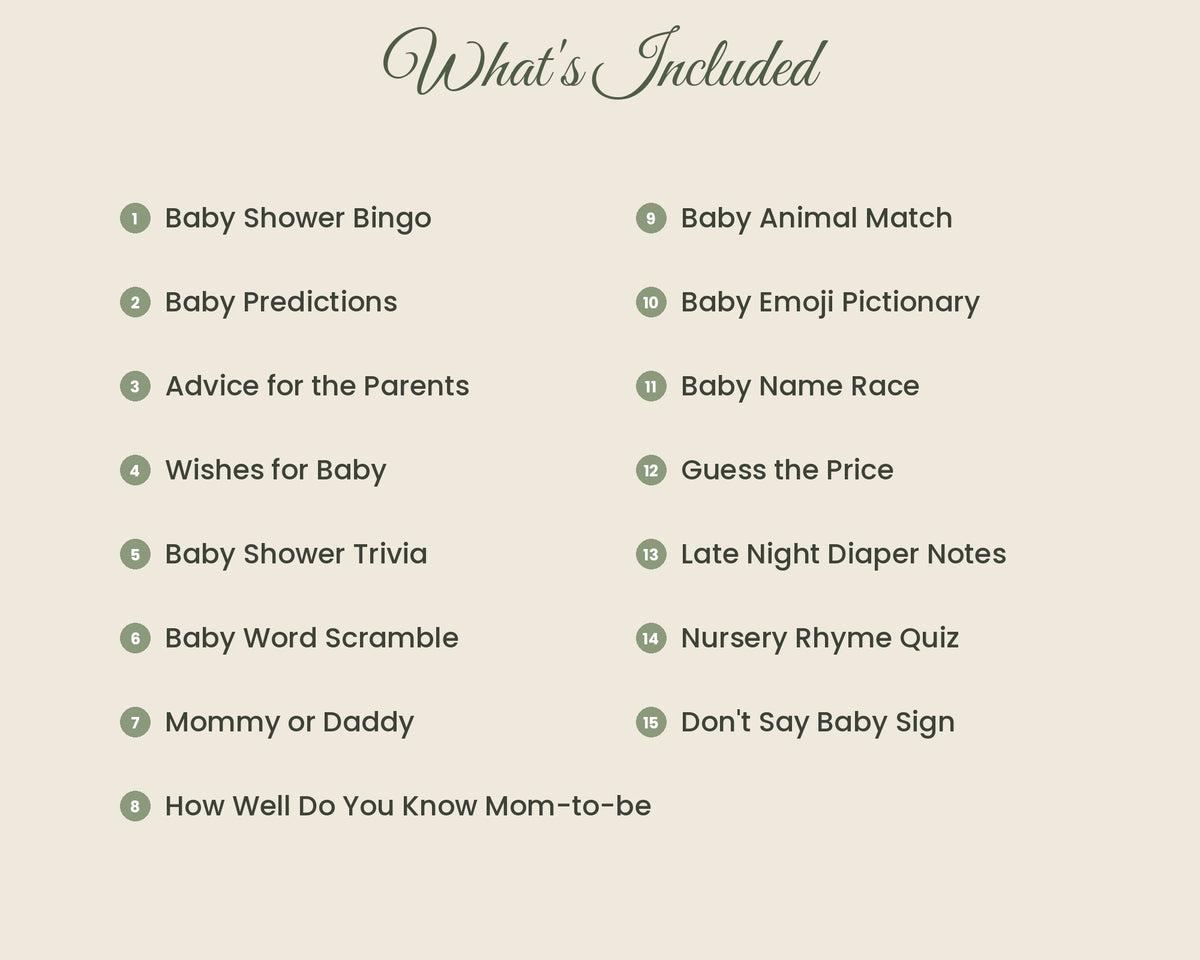 Baby Shower Game Bundle – 15 Printable Games & Activities (Sage Green)