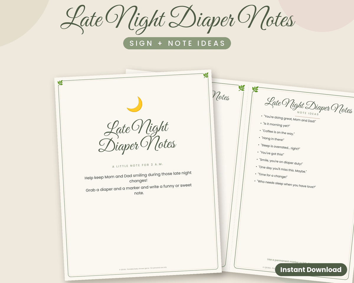 Late Night Diaper Notes Sign – Printable Baby Shower Activity (Sage Green)