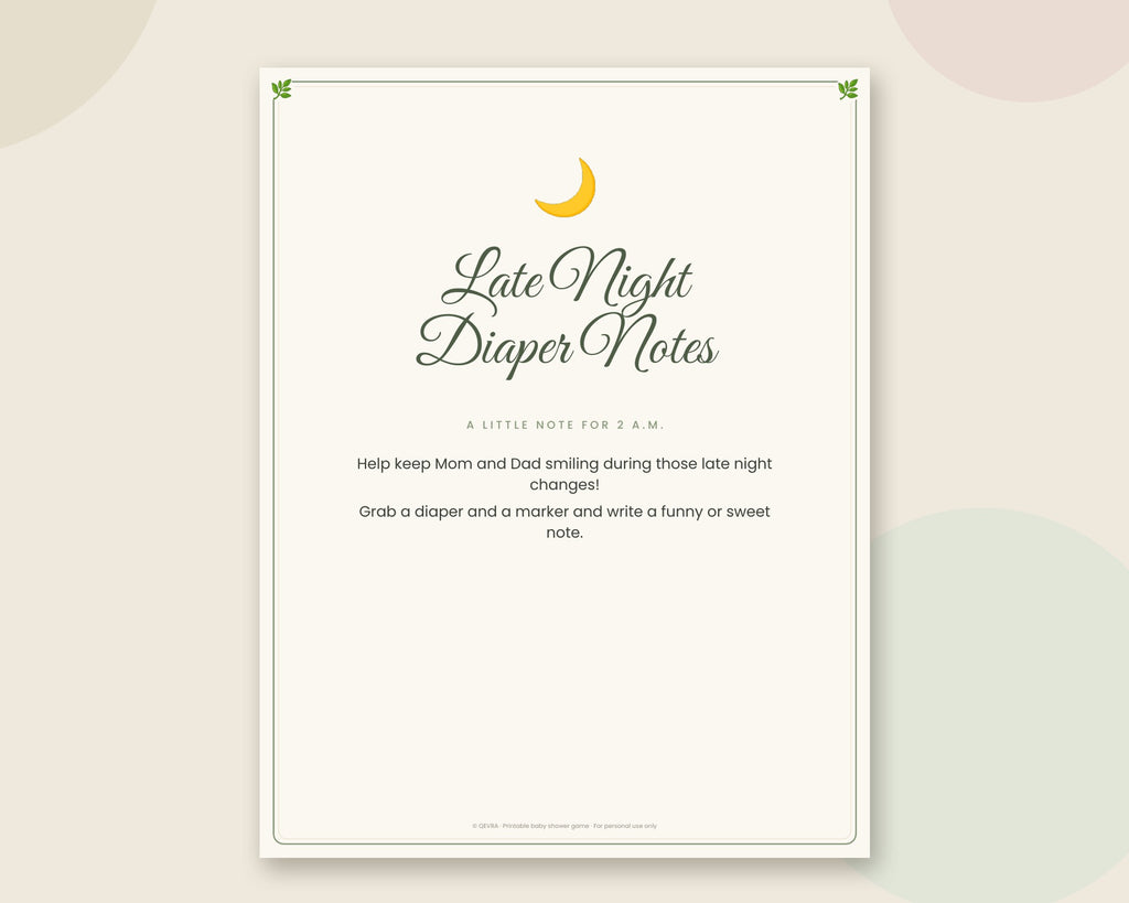 Late Night Diaper Notes Sign – Printable Baby Shower Activity (Sage Green)