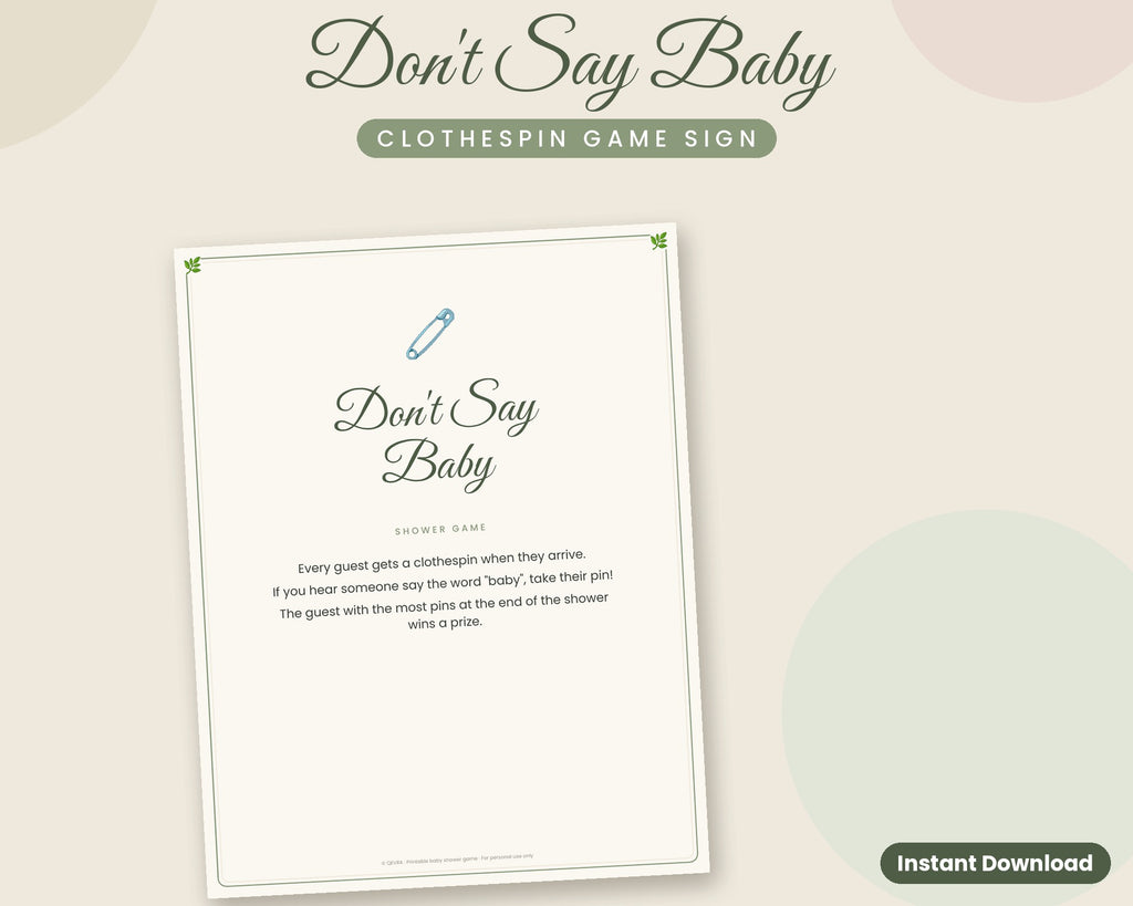 Don't Say Baby Sign – Clothespin Baby Shower Game, Printable (Sage Green)