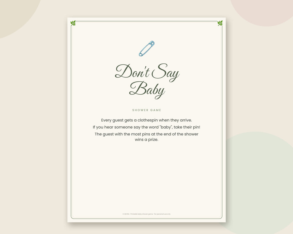 Don't Say Baby Sign – Clothespin Baby Shower Game, Printable (Sage Green)
