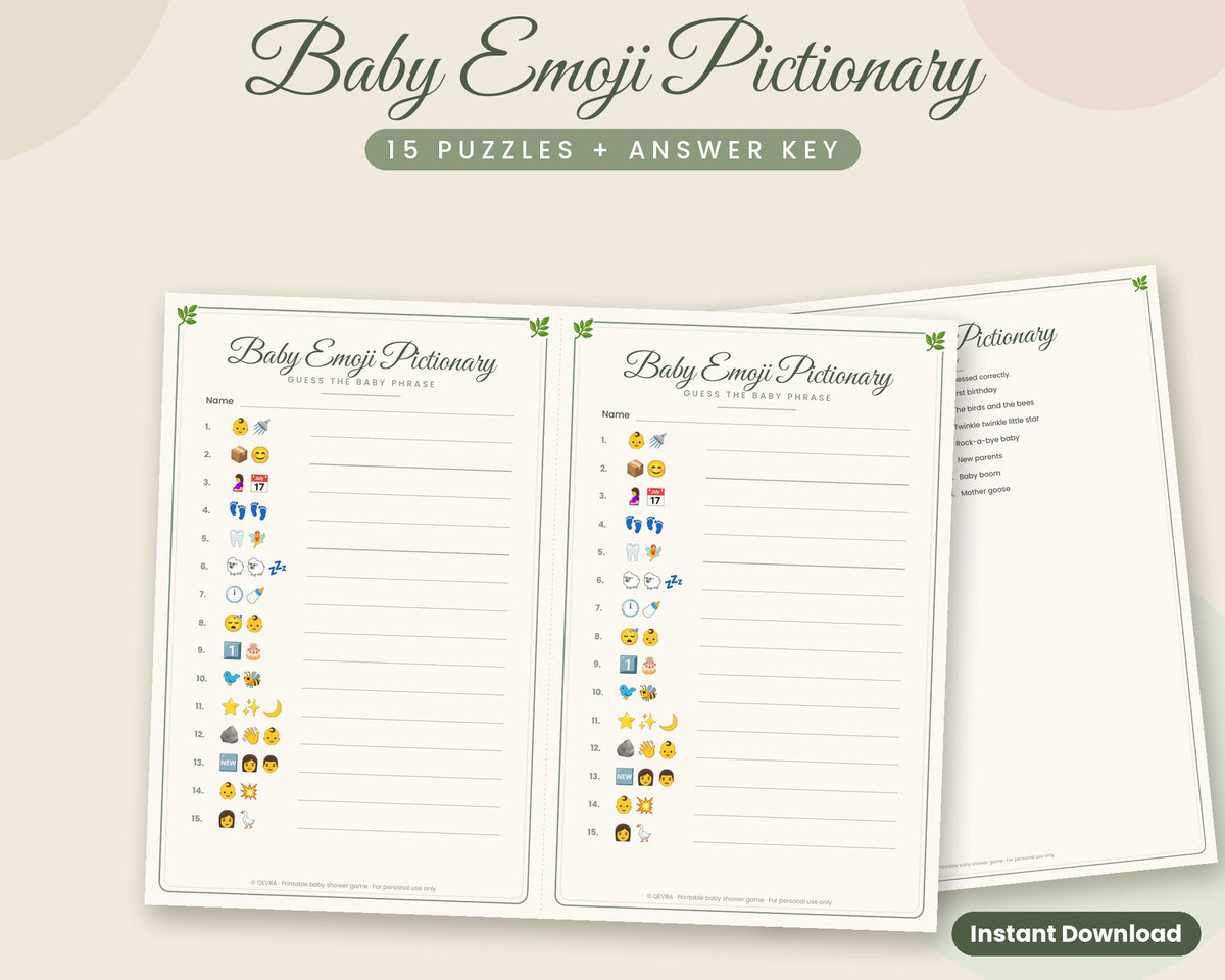Baby Emoji Pictionary Game with Answer Key – Printable Baby Shower Game (Sage Green)