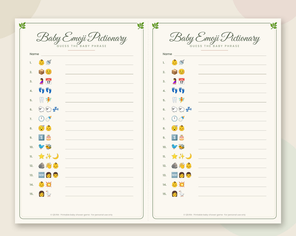Baby Emoji Pictionary Game with Answer Key – Printable Baby Shower Game (Sage Green)