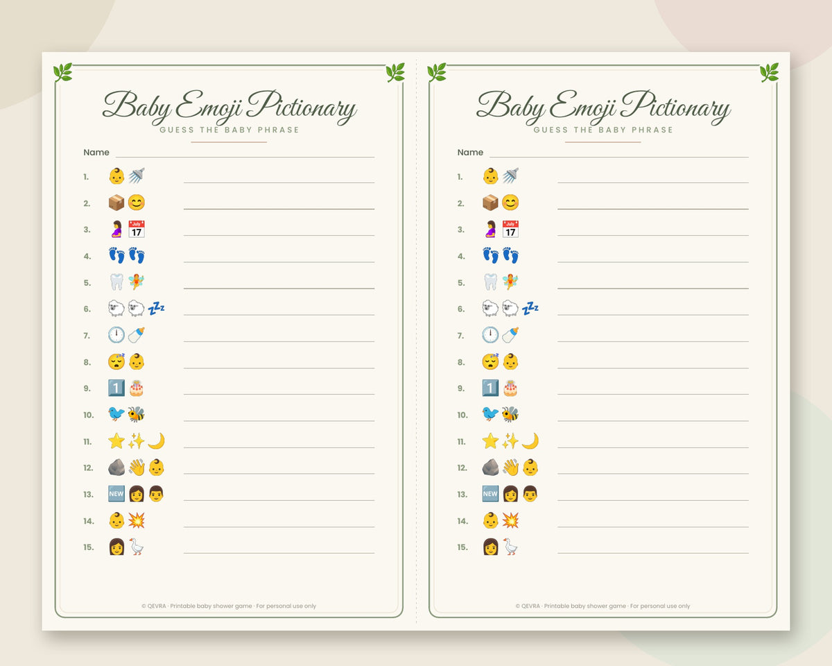 Baby Emoji Pictionary Game with Answer Key – Printable Baby Shower Game (Sage Green)