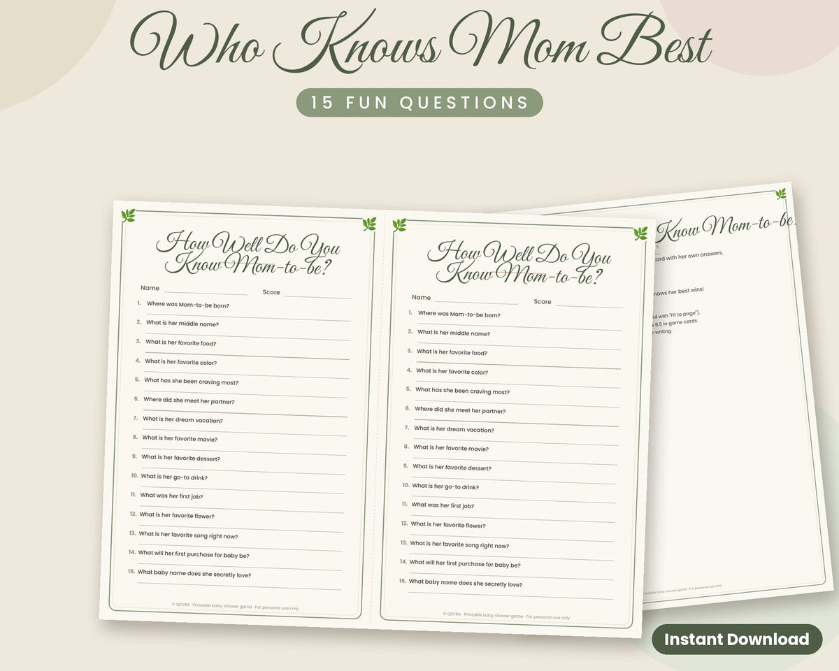 How Well Do You Know Mom-to-be – Printable Baby Shower Game (Sage Green)