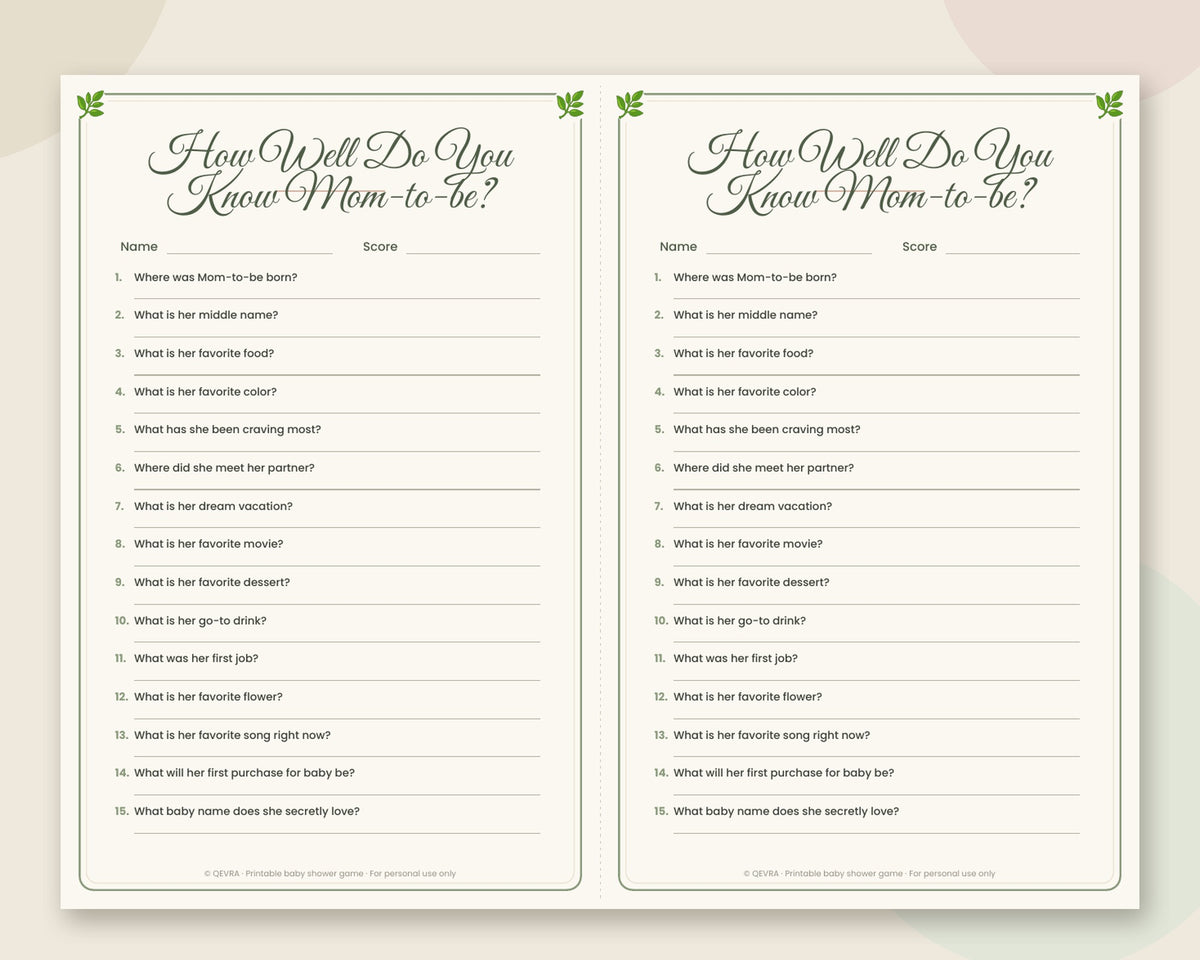 How Well Do You Know Mom-to-be – Printable Baby Shower Game (Sage Green)