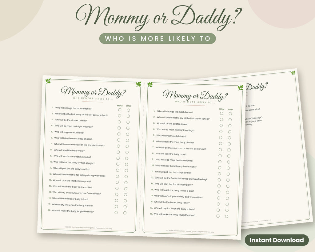 Mommy or Daddy Game – Who Is More Likely To, Printable Baby Shower Game (Sage Green)