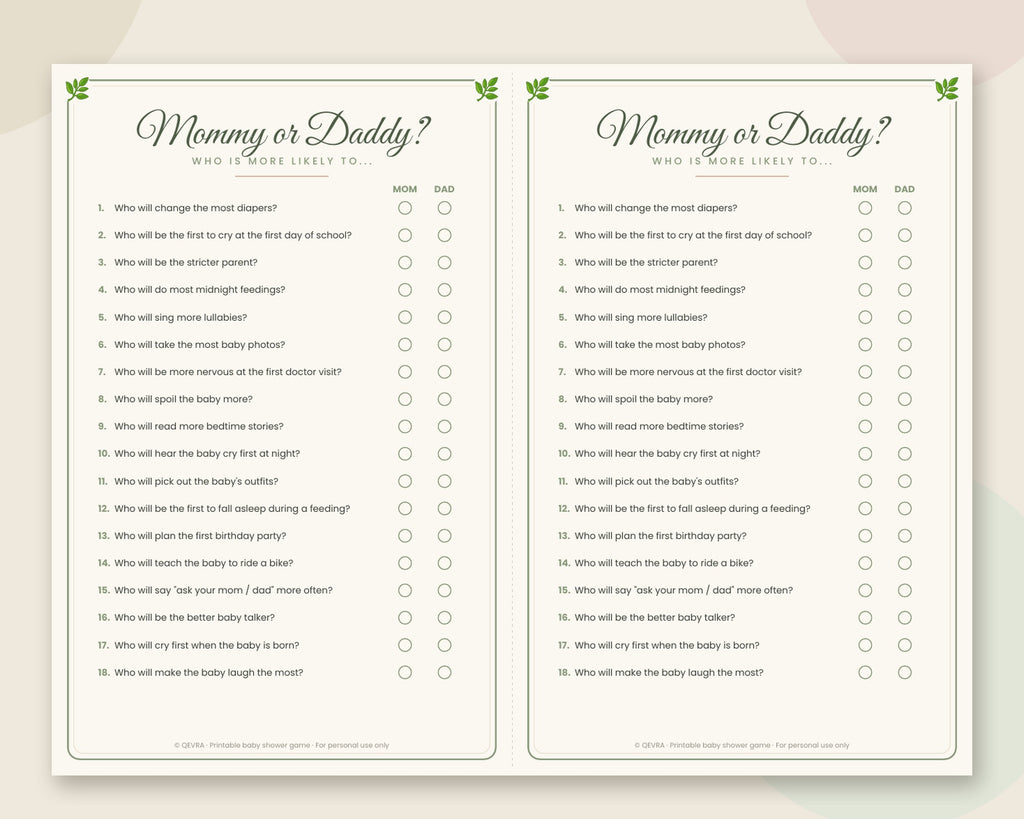 Mommy or Daddy Game – Who Is More Likely To, Printable Baby Shower Game (Sage Green)