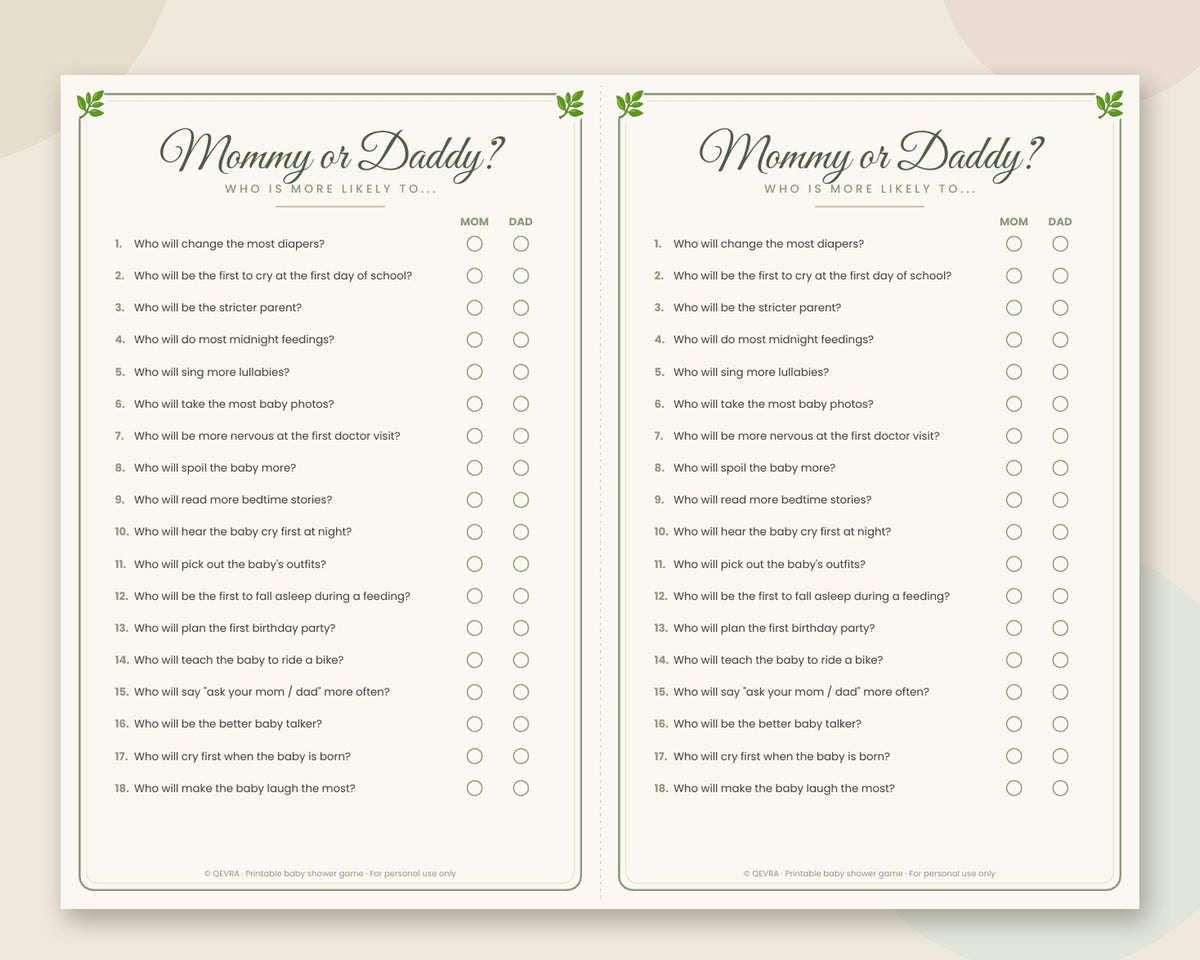 Mommy or Daddy Game – Who Is More Likely To, Printable Baby Shower Game (Sage Green)