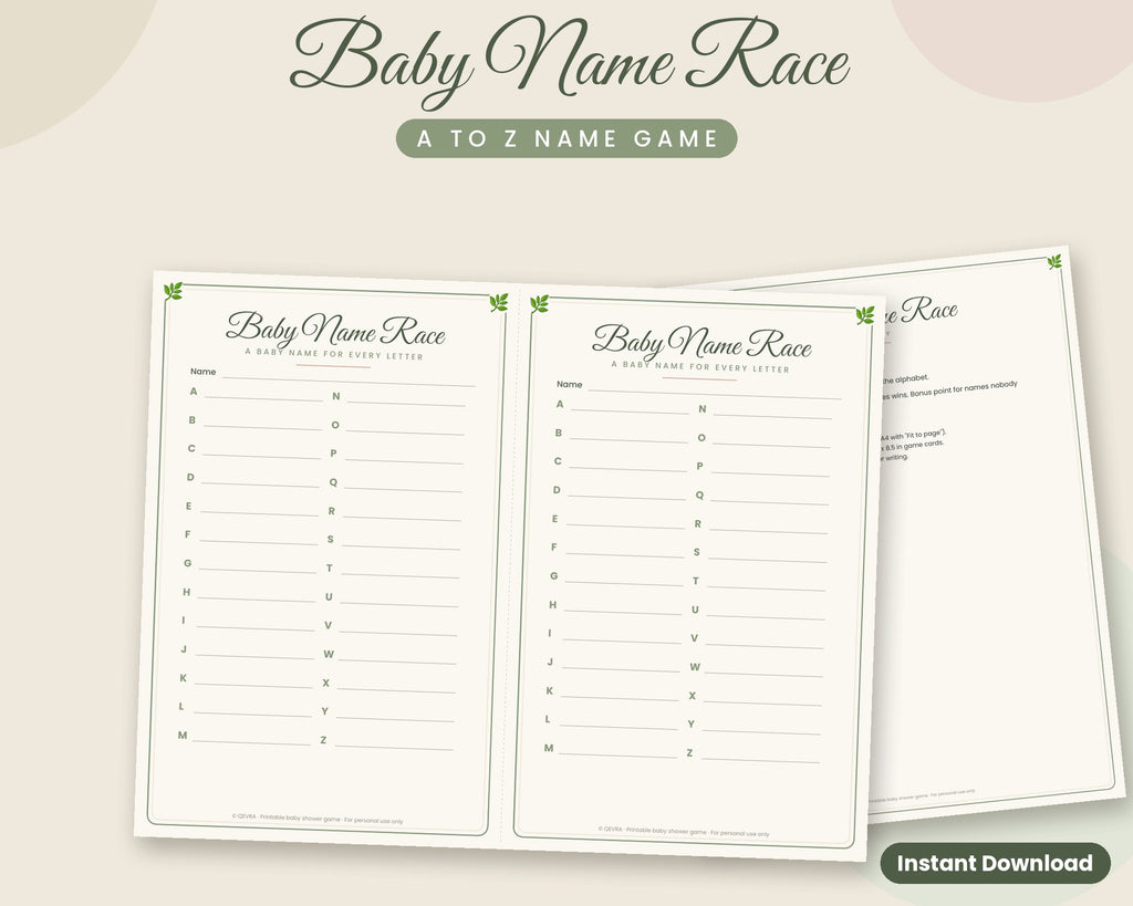 Baby Name Race Game – A to Z Baby Names, Printable Baby Shower Game (Sage Green)