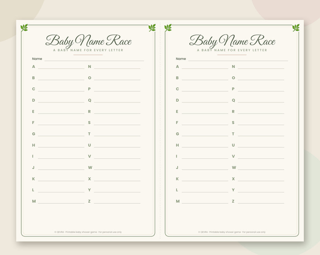 Baby Name Race Game – A to Z Baby Names, Printable Baby Shower Game (Sage Green)