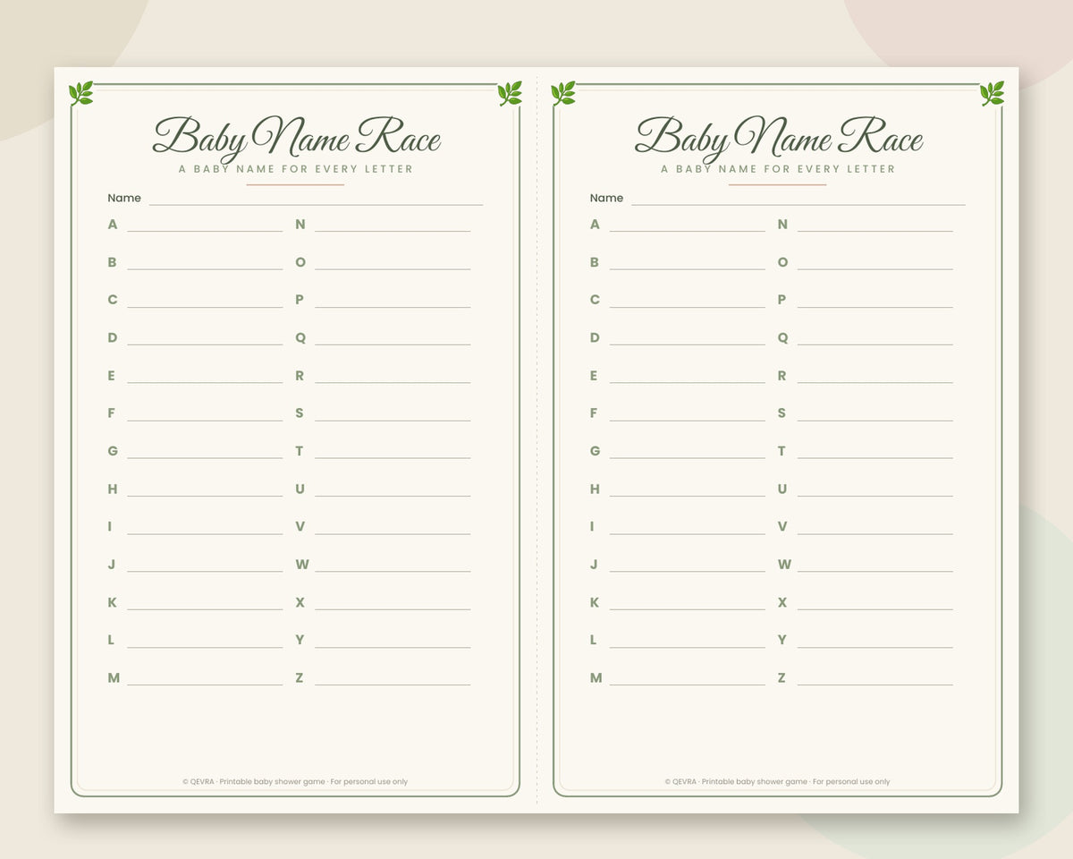 Baby Name Race Game – A to Z Baby Names, Printable Baby Shower Game (Sage Green)