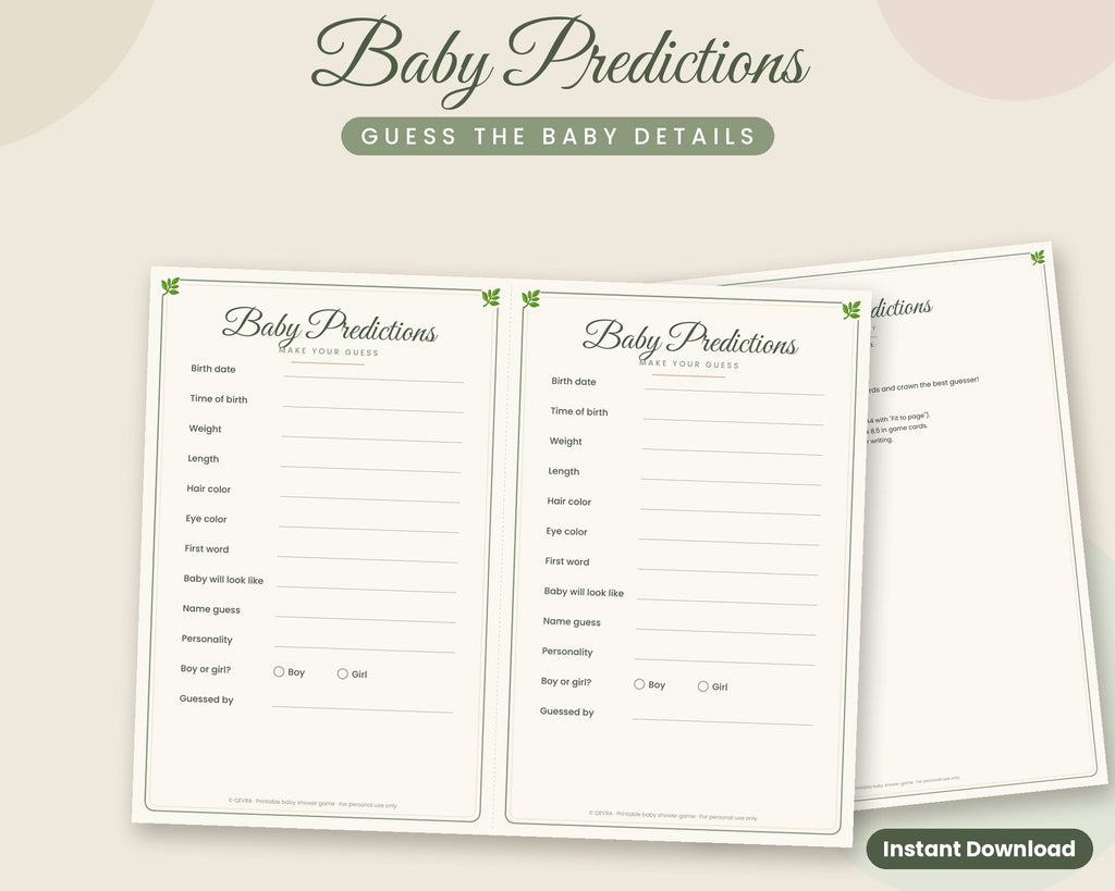 Baby Predictions Card – Printable Baby Shower Game (Sage Green)