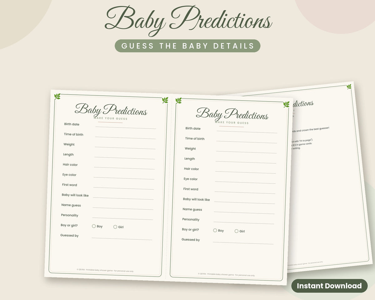 Baby Predictions Card – Printable Baby Shower Game (Sage Green)