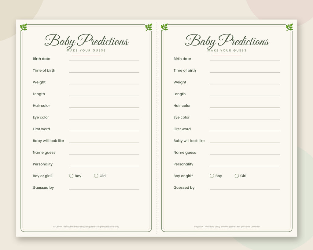 Baby Predictions Card – Printable Baby Shower Game (Sage Green)