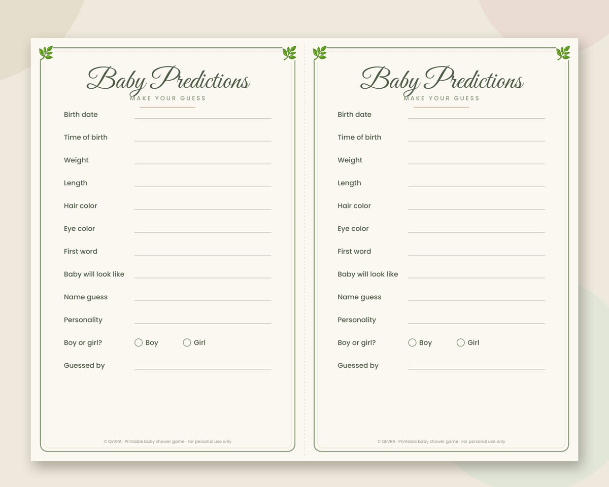 Baby Predictions Card – Printable Baby Shower Game (Sage Green)