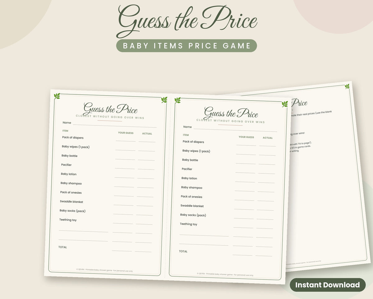 Guess the Price Baby Shower Game – Printable Baby Item Price Game (Sage Green)