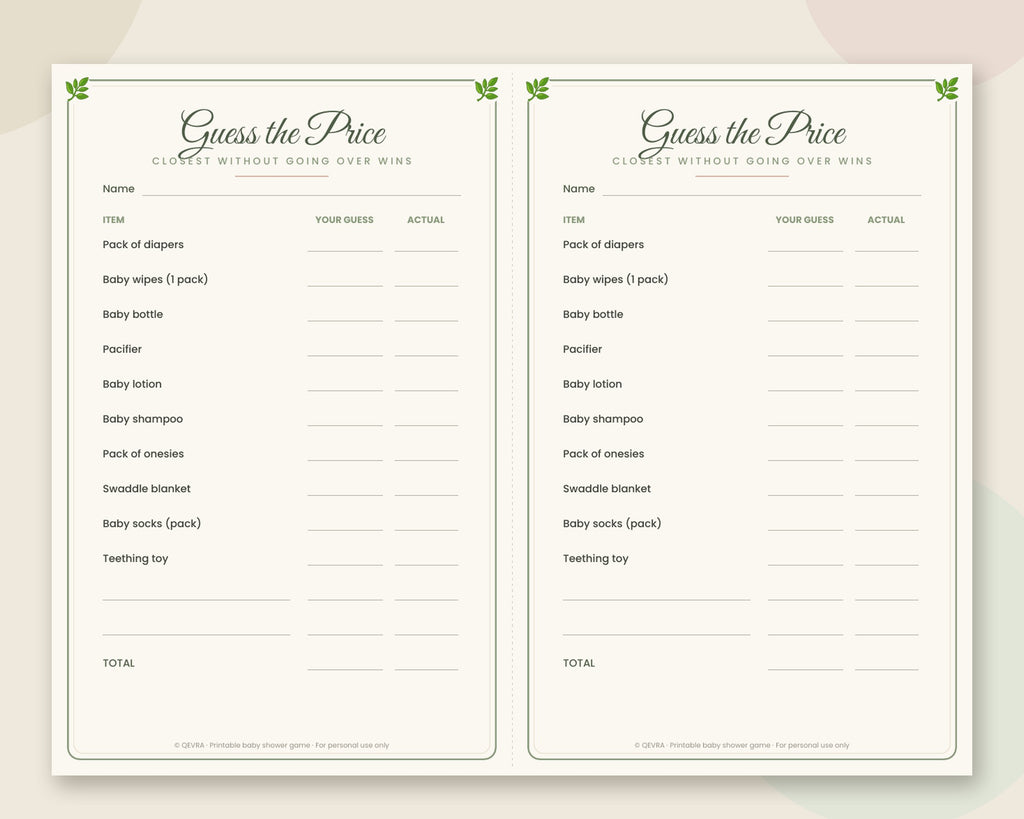 Guess the Price Baby Shower Game – Printable Baby Item Price Game (Sage Green)