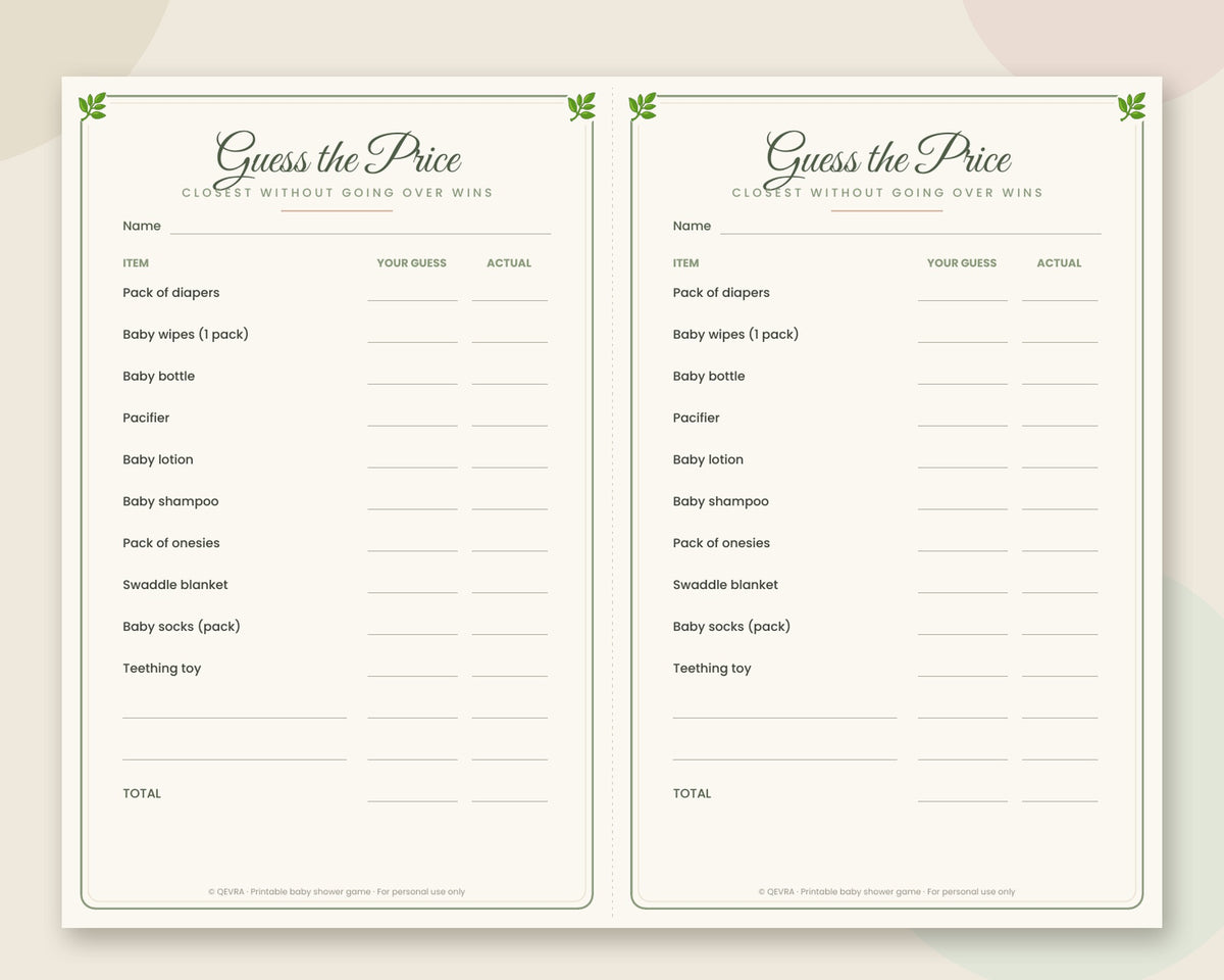 Guess the Price Baby Shower Game – Printable Baby Item Price Game (Sage Green)