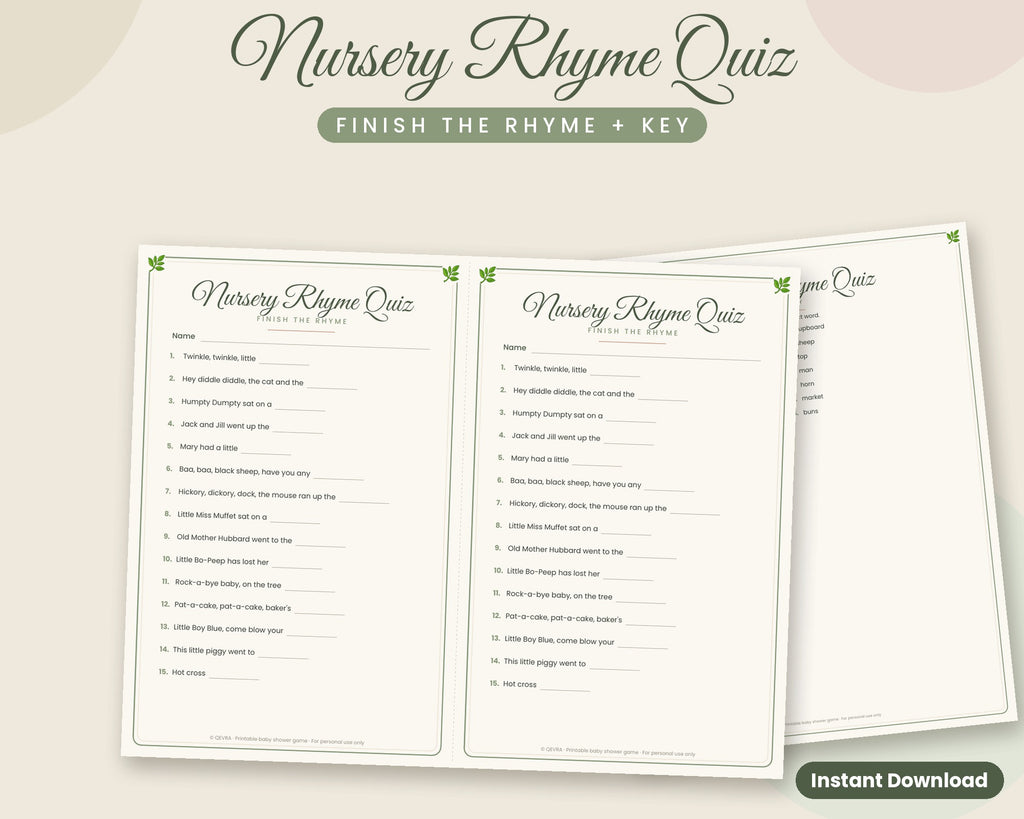 Nursery Rhyme Quiz – Finish the Rhyme Baby Shower Game with Answer Key (Sage Green)