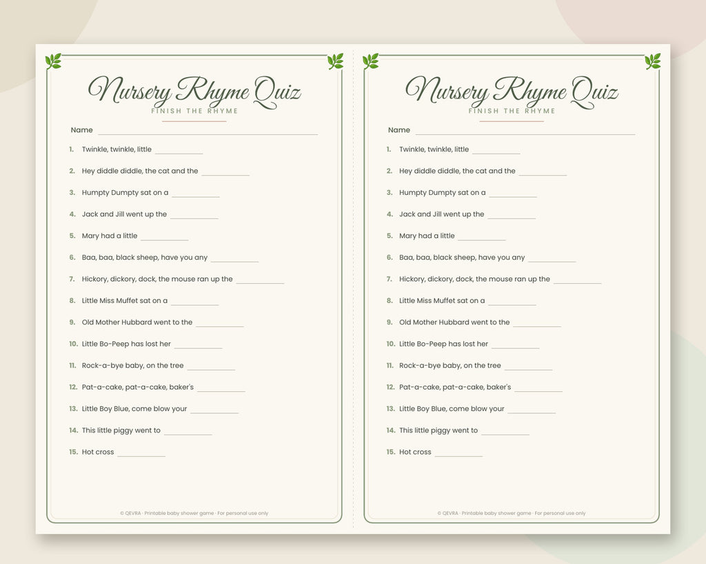 Nursery Rhyme Quiz – Finish the Rhyme Baby Shower Game with Answer Key (Sage Green)
