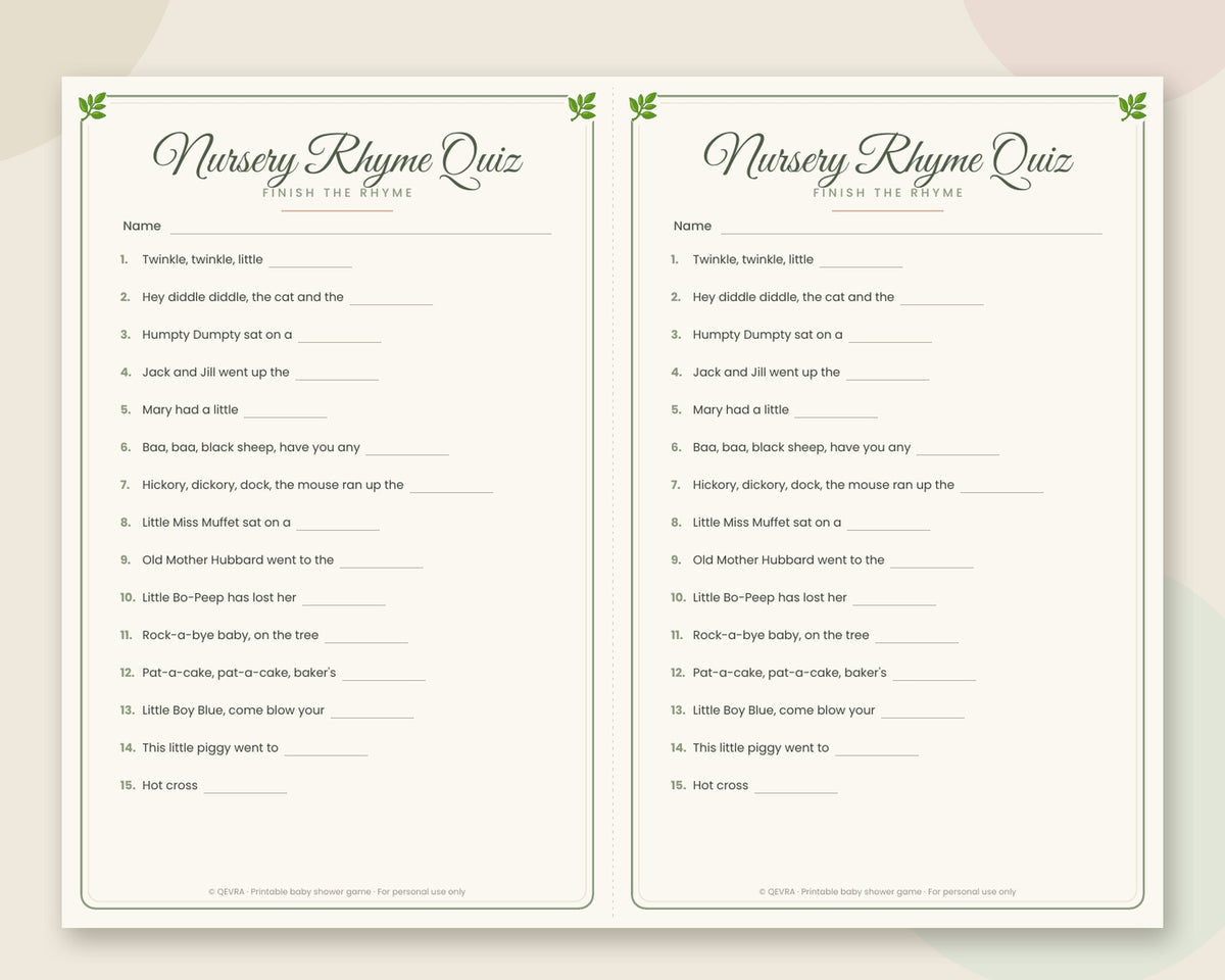 Nursery Rhyme Quiz – Finish the Rhyme Baby Shower Game with Answer Key (Sage Green)