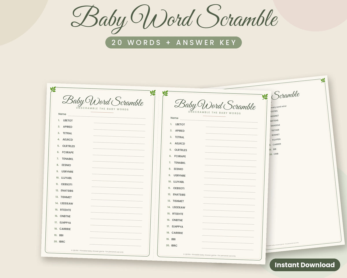 Baby Word Scramble Game with Answer Key – Printable (Sage Green)