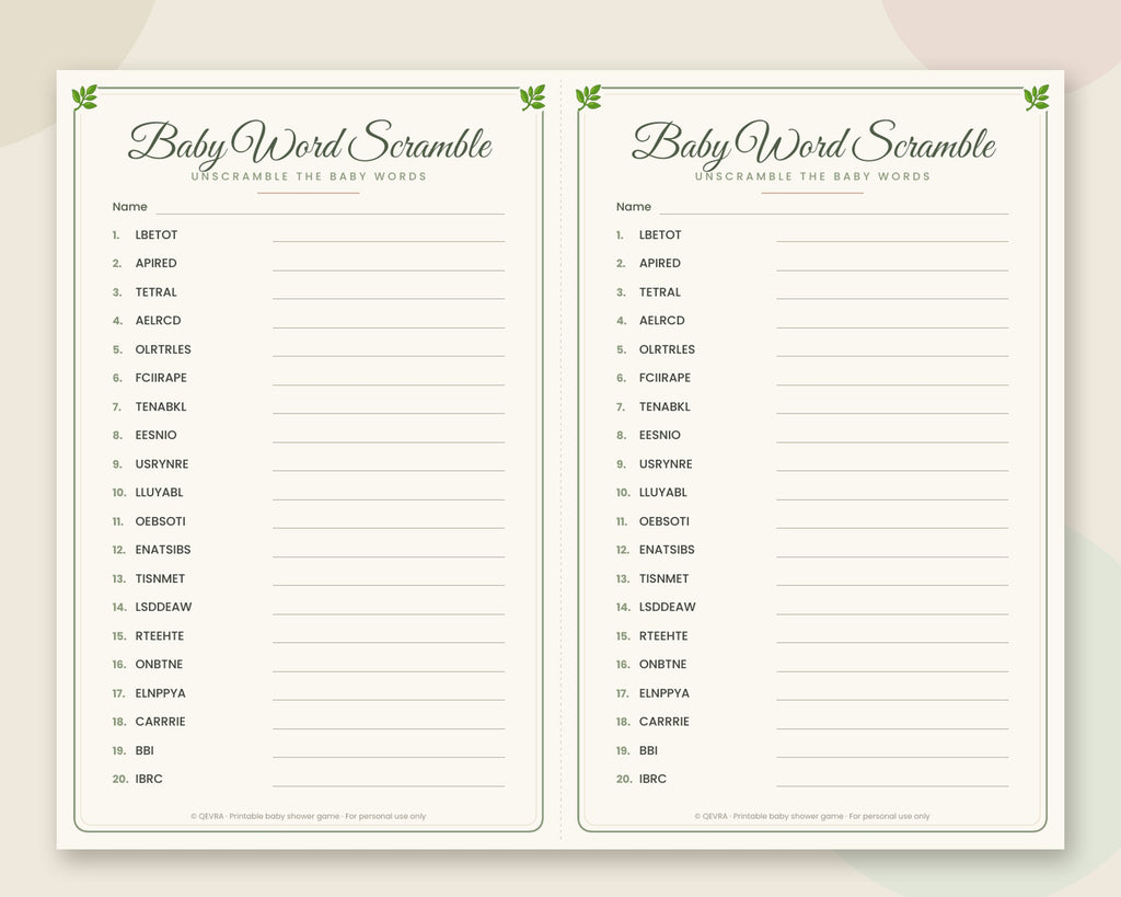 Baby Word Scramble Game with Answer Key – Printable (Sage Green)