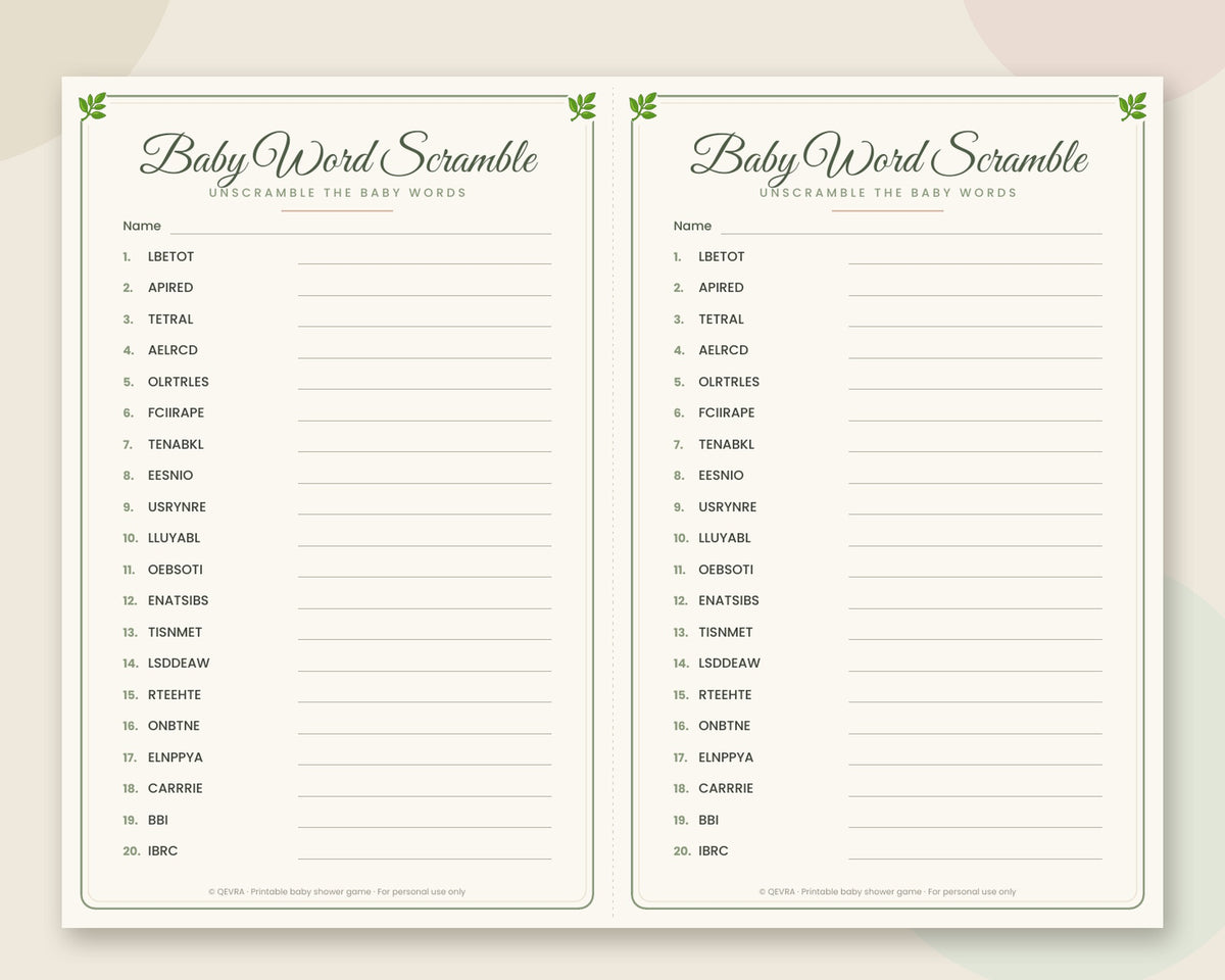 Baby Word Scramble Game with Answer Key – Printable (Sage Green)