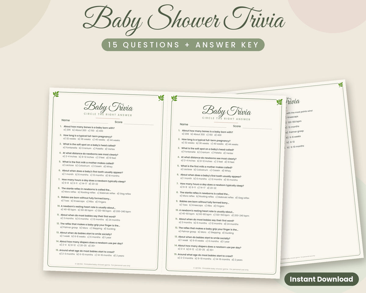 Baby Shower Trivia Game with Answer Key – Printable (Sage Green)