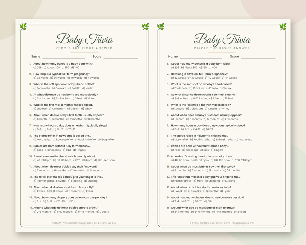 Baby Shower Trivia Game with Answer Key – Printable (Sage Green)