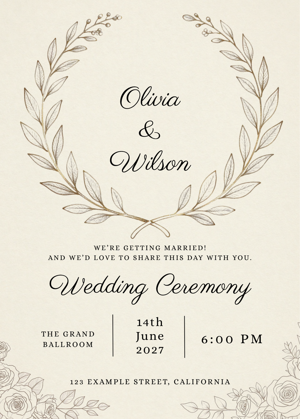 Ivory Bloom botanical wedding invitation – editable Canva template, 5x7 on phone and print
