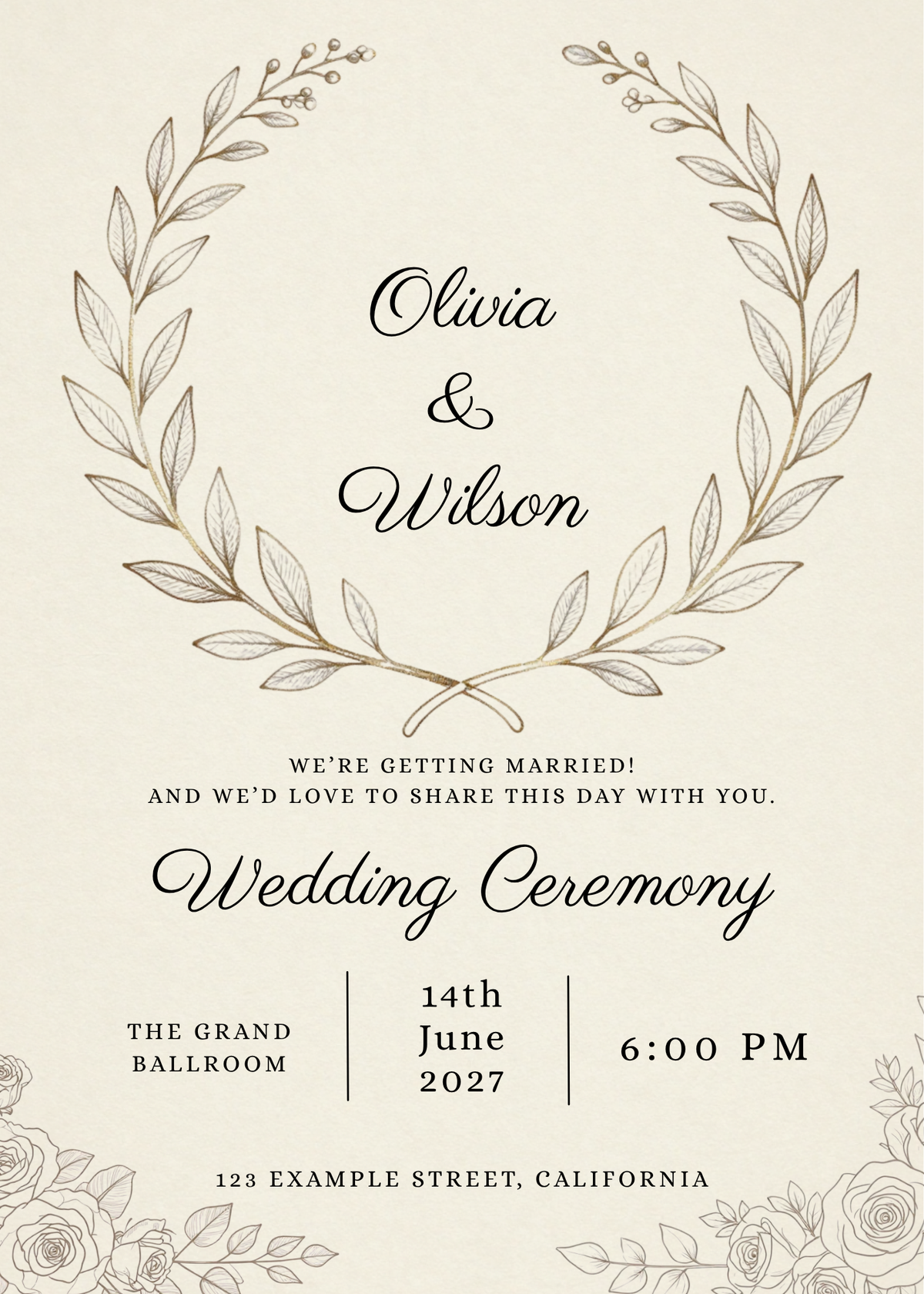 Ivory Bloom botanical wedding invitation – editable Canva template, 5x7 on phone and print