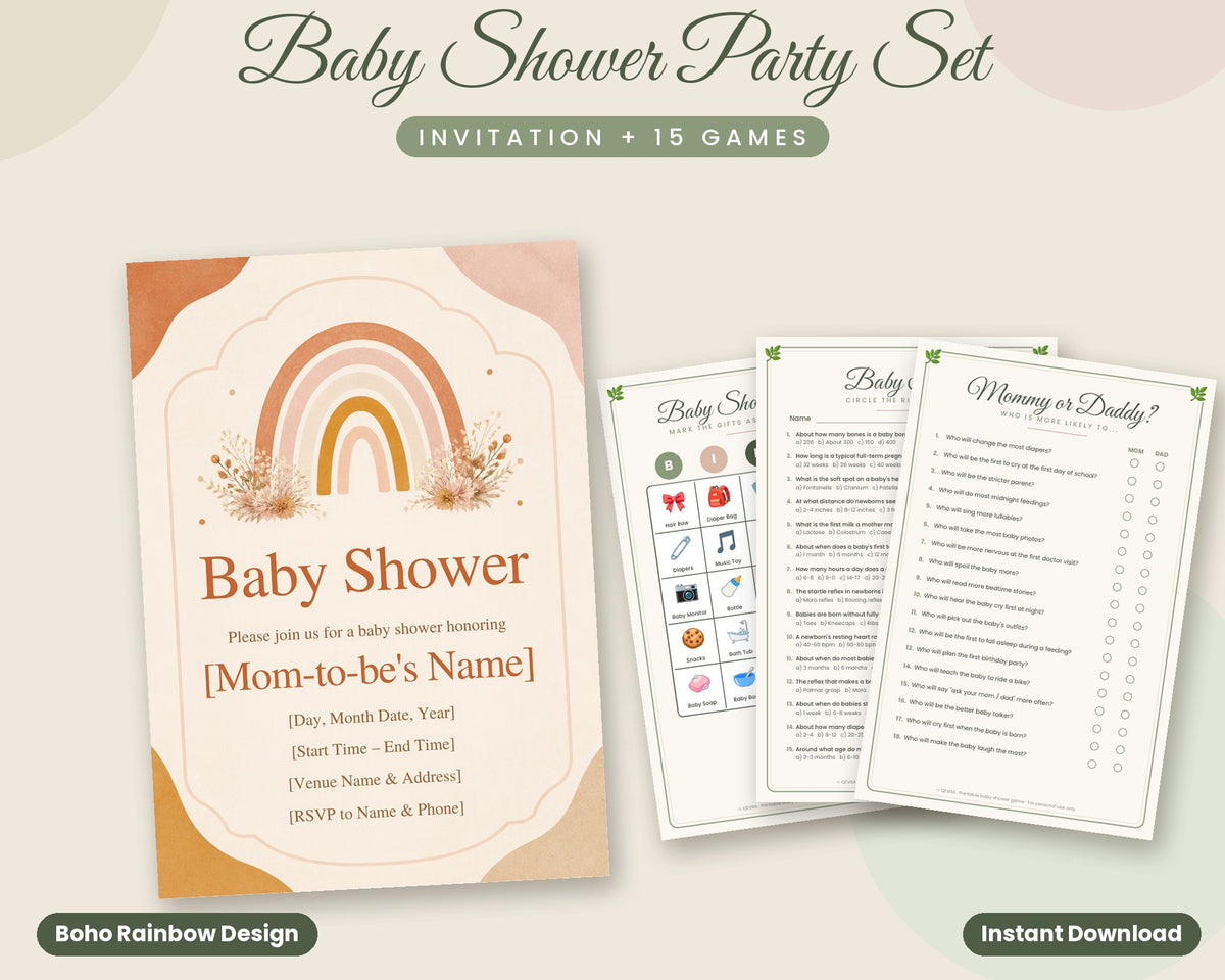 Boho Rainbow Baby Shower Party Set – Fillable Invitation + 15 Printable Games