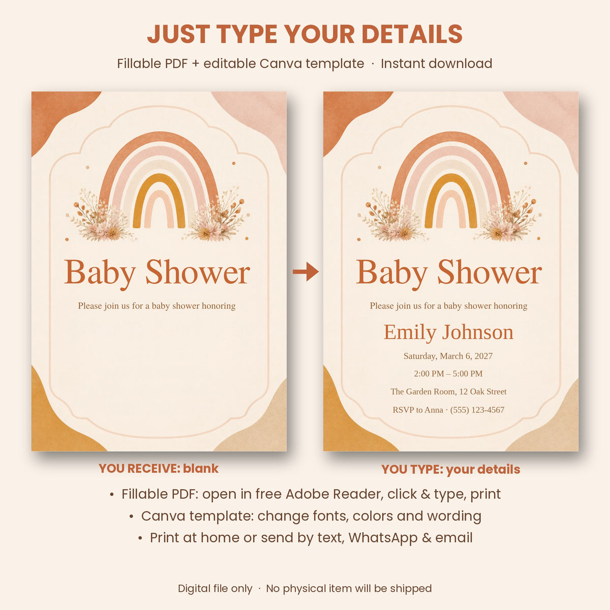 Boho Rainbow Baby Shower Party Set – Fillable Invitation + 15 Printable Games