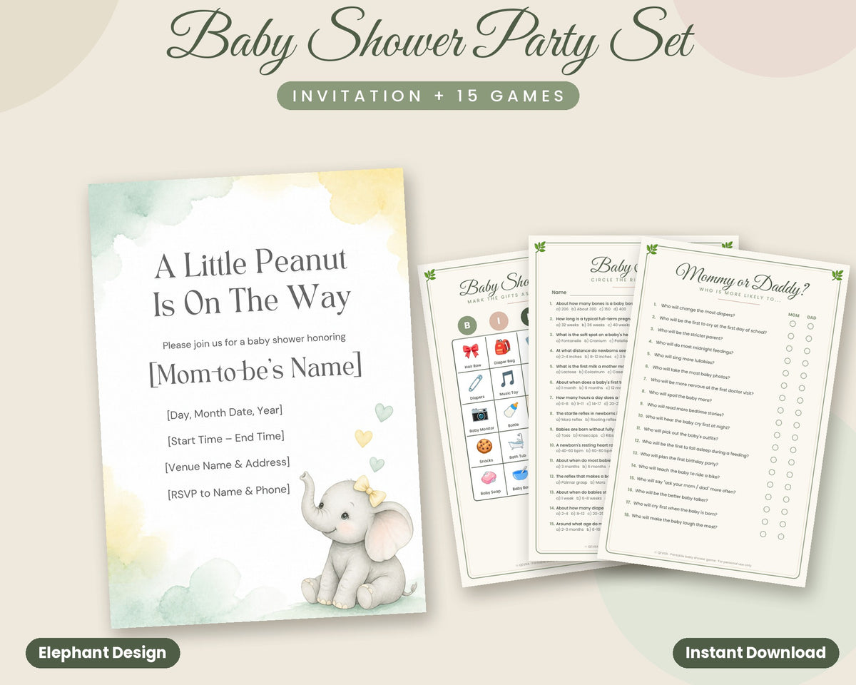 Elephant Baby Shower Party Set – Fillable Invitation + 15 Printable Games