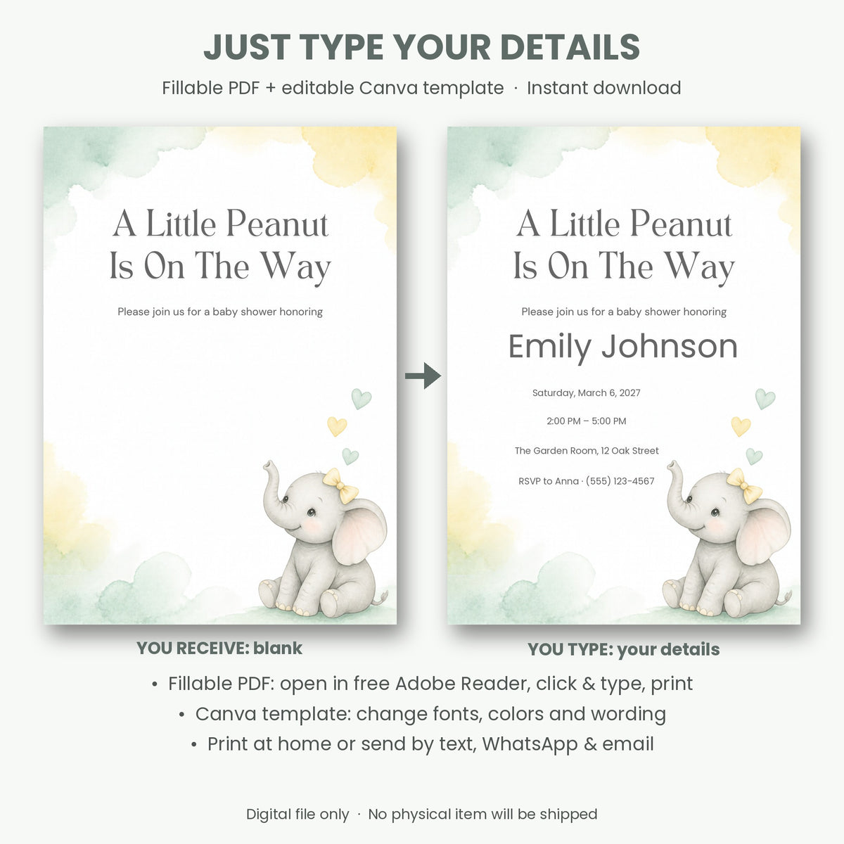 Elephant Baby Shower Party Set – Fillable Invitation + 15 Printable Games